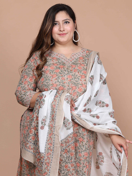 Floral Printed Pure Cotton Straight Kurta & Palazzos With Dupatta