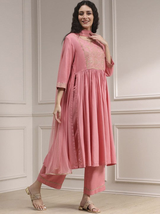 Biba Women Ethnic Motifs Embroidered Pleated Straight Kurti with Palazzos & With Dupatta