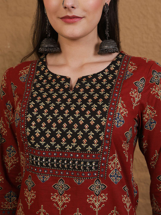 Printed Pure Cotton Round Neck Straight Kurta & Palazzo With Dupatta