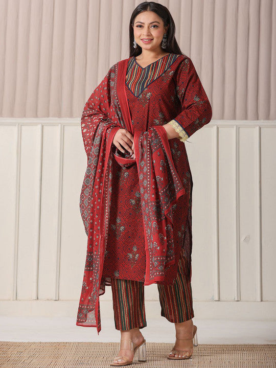 Yufta Plus Size Floral Printed Pure Cotton Straight Kurta With Trousers & Dupatta