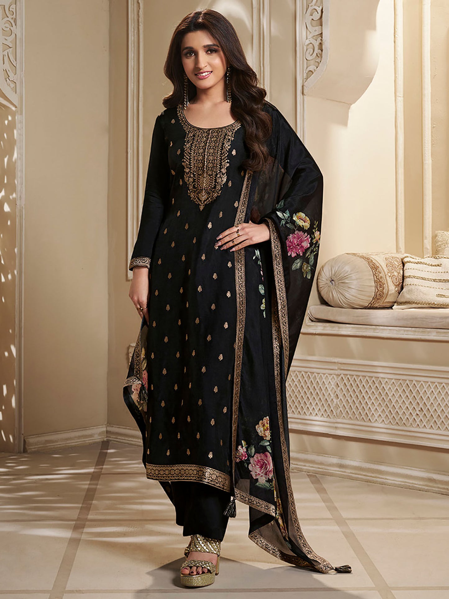 Dola Silk Kurta with Designer Yoke &amp; Handwork with Trousers &amp; Dupatta (Set of 3)