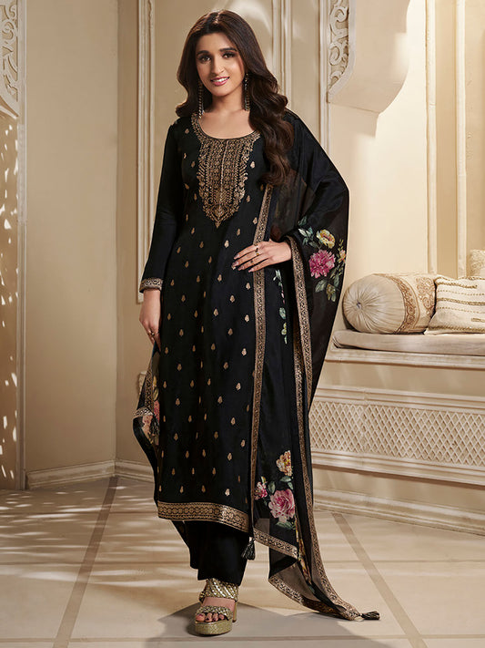 Dola Silk Kurta with Designer Yoke &amp; Handwork with Trousers &amp; Dupatta (Set of 3)