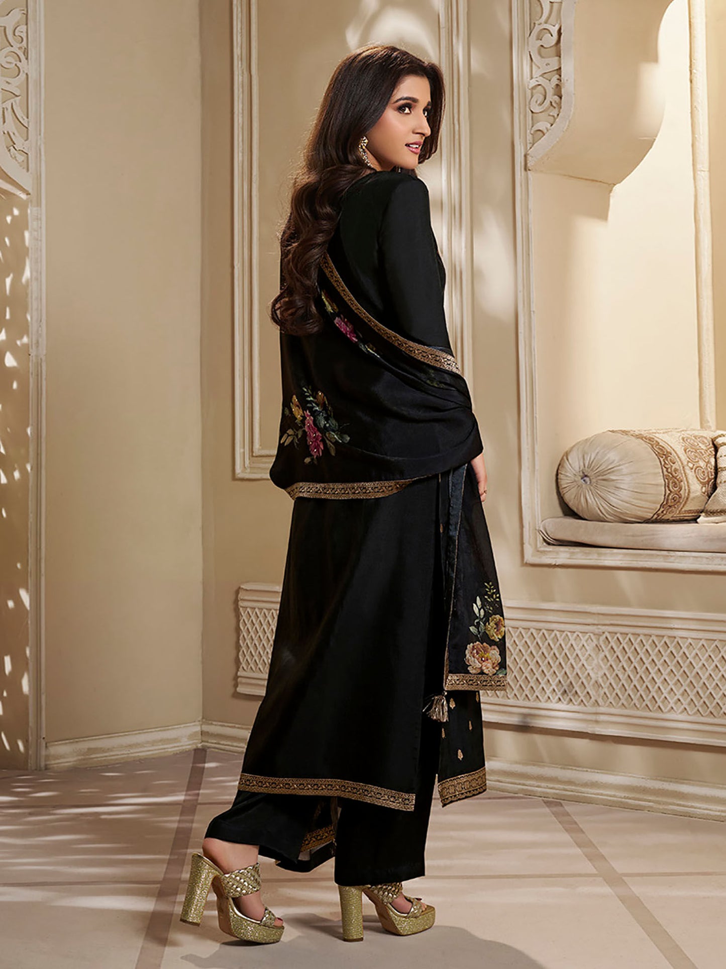 Dola Silk Kurta with Designer Yoke &amp; Handwork with Trousers &amp; Dupatta (Set of 3)