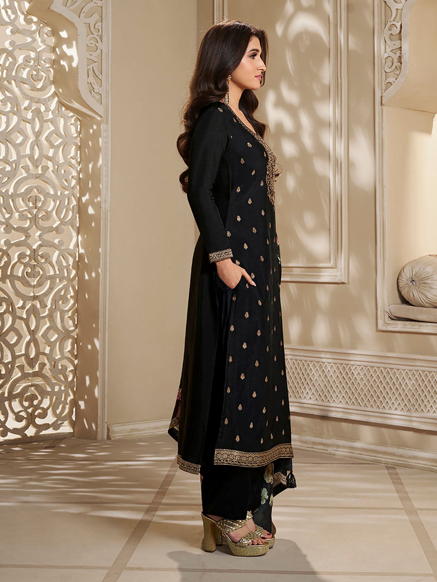 Dola Silk Kurta with Designer Yoke &amp; Handwork with Trousers &amp; Dupatta (Set of 3)