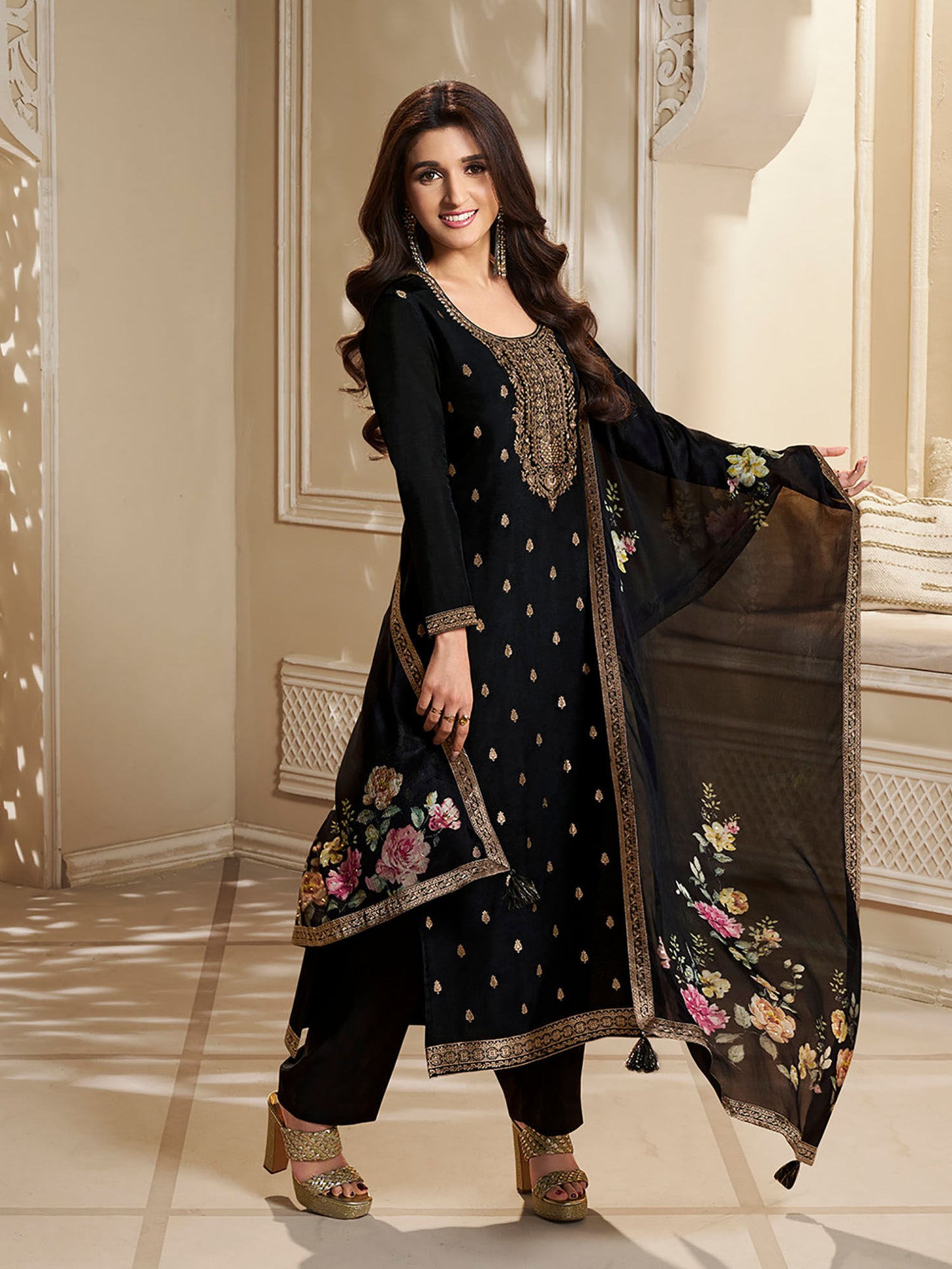 Dola Silk Kurta with Designer Yoke &amp; Handwork with Trousers &amp; Dupatta (Set of 3)