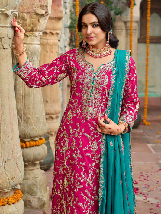 Indo Era Zari Ethnic Motifs Embroidered Notch Neck Straight Kurta With Trousers & Dupatta