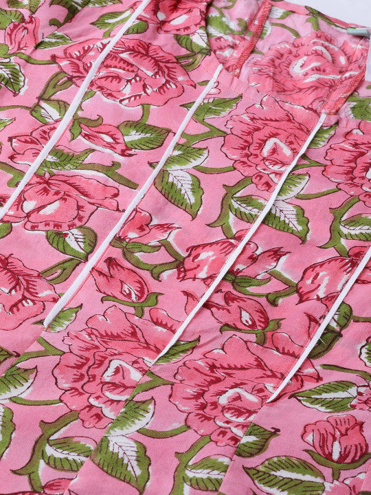 Idalia Women Pink & Green Hand Block Print Maxi Dress