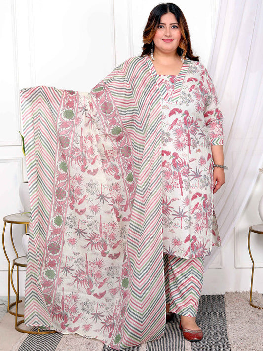 Floral Printed Pure Cotton Straight Kurta With Trouser And Dupatta