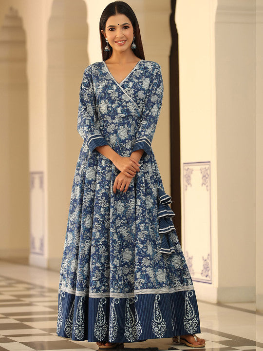 GILLORI Floral Printed V-Neck Pure Cotton Fit & Flare Maxi Ethnic Dresses