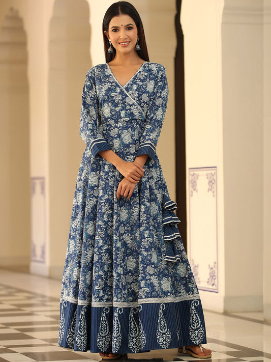 GILLORI Floral Printed V-Neck Pure Cotton Fit & Flare Maxi Ethnic Dresses