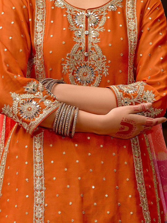 Indo Era Floral Embroidered Panelled Mirror Work A-Line Kurta With Palazzos & Dupatta