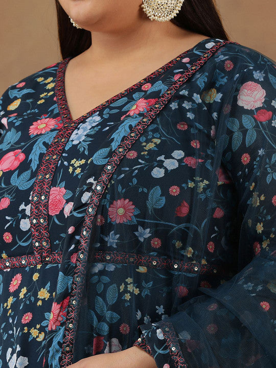 INDDUS Plus Size Floral Printed Long Sleeves Georgette Anarkali Kurta With Dupatta