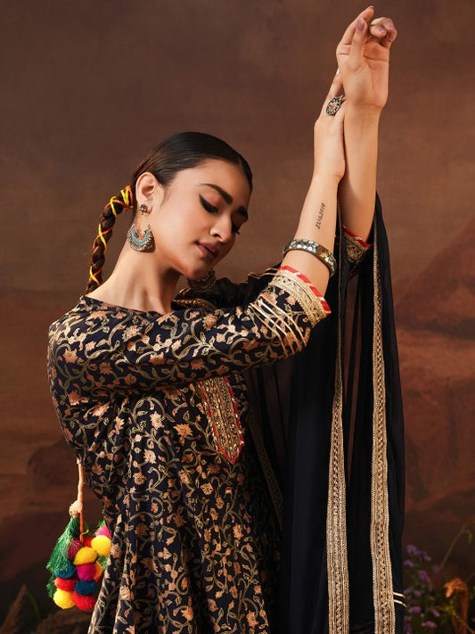 Ishin Women Navy Blue Floral Printed Gotta Patti Kurta & Sharara With Dupatta
