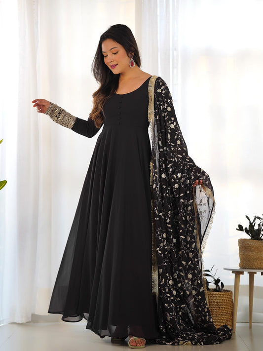 Women Black Faux Georgette Anarkali and Pant with Dupatta (Set of 3)
