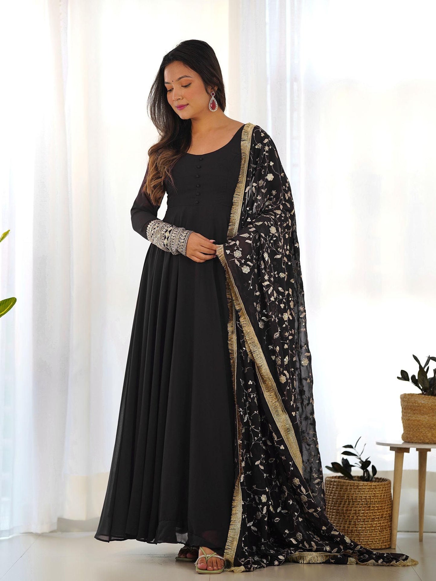 Women Black Faux Georgette Anarkali and Pant with Dupatta (Set of 3)