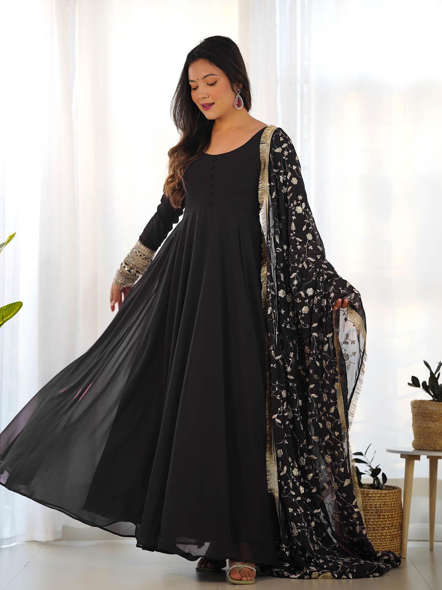 Women Black Faux Georgette Anarkali and Pant with Dupatta (Set of 3)