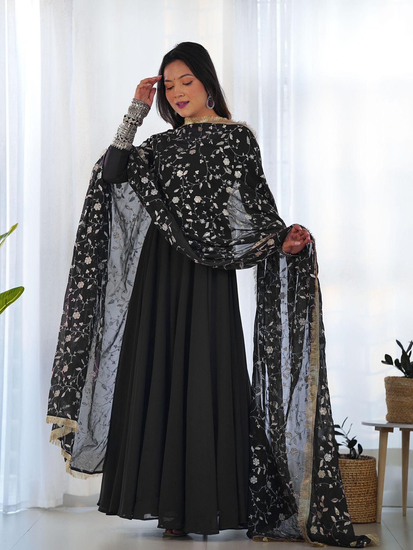 Women Black Faux Georgette Anarkali and Pant with Dupatta (Set of 3)