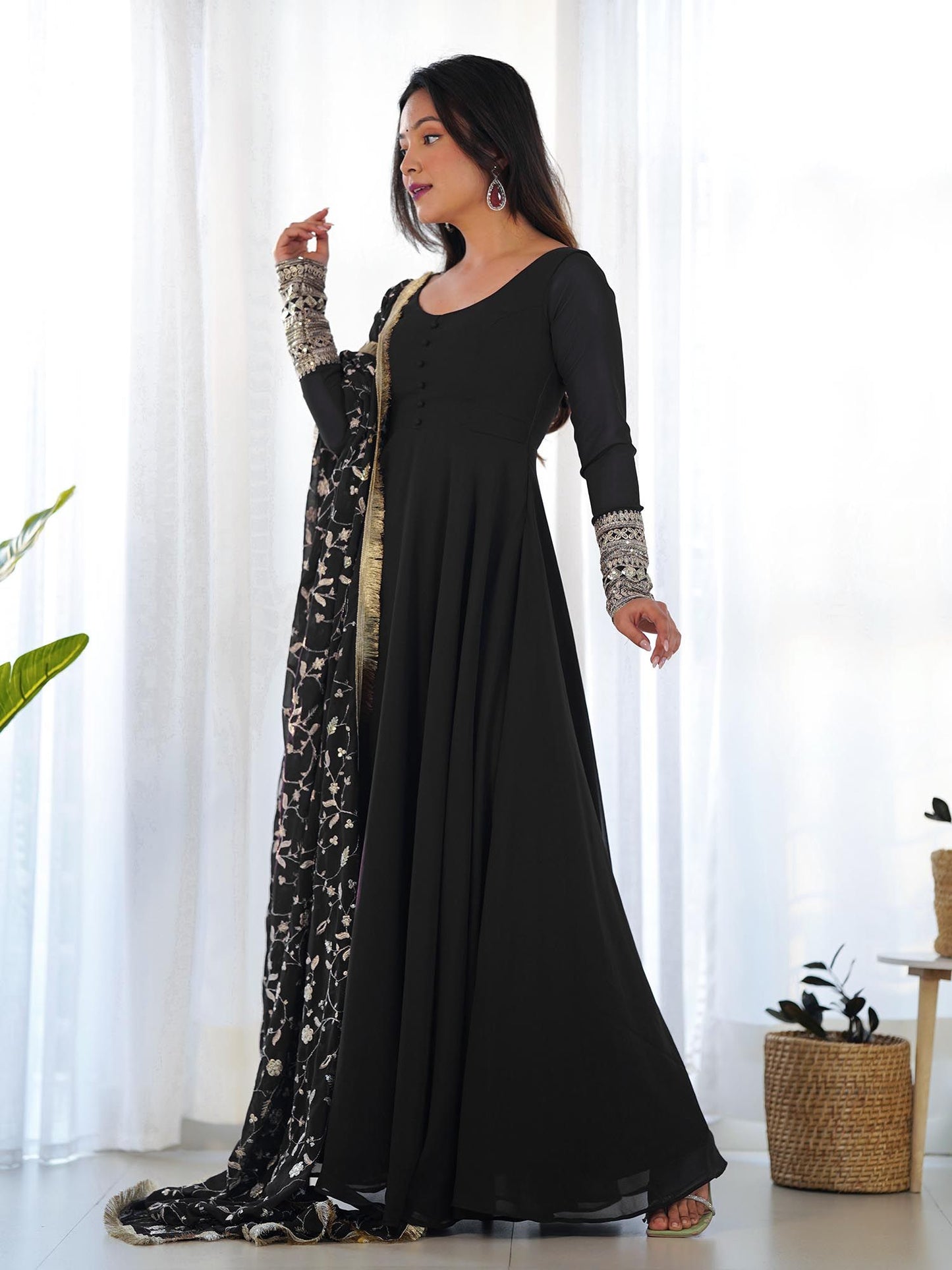 Women Black Faux Georgette Anarkali and Pant with Dupatta (Set of 3)