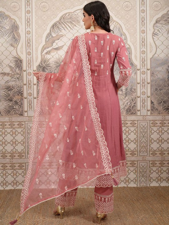 Vishudh Peach Ethnic Motifs Embroidered Empire Sequinned Pure Cotton Anarkali Kurta Set