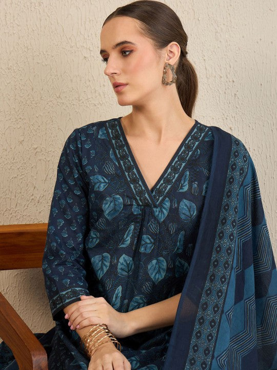 Indo Era Floral Printed Pure Cotton Kurta With Trousers & Dupatta