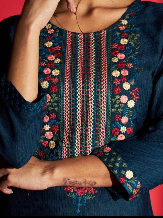 Neck Floral Embroidered Straight Kurta with Trouser & Dupatta