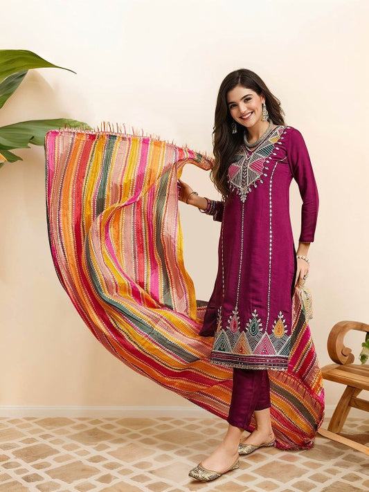 Ishin Ethnic Motifs Embroidered Pure Cotton Straight Kurta with Trousers & Dupatta