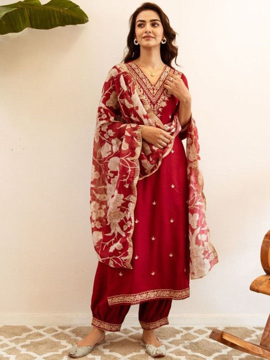 AUTUMN LANE Floral Embroidered V-Neck Pure Cotton Straight Kurta with Salwar & Dupatta