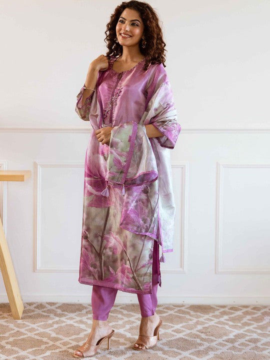 Floral Printed Sequinned Tussar Silk Straight Kurta