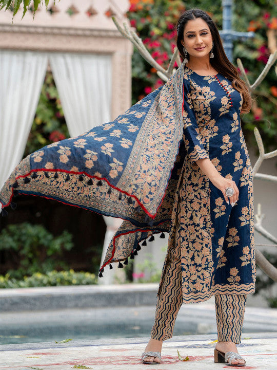 Floral Printed Regular Pure Cotton Kurta with Trousers & With Dupatta