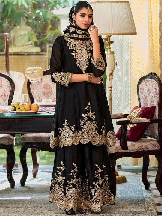 Indo Era Floral Embroidered Sequinned Chinon A-Line Kurta