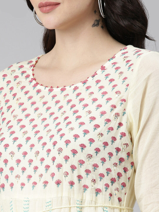 Floral Printed Round Neck Three-Quarter Sleeves Cotton Ethnic Dress
