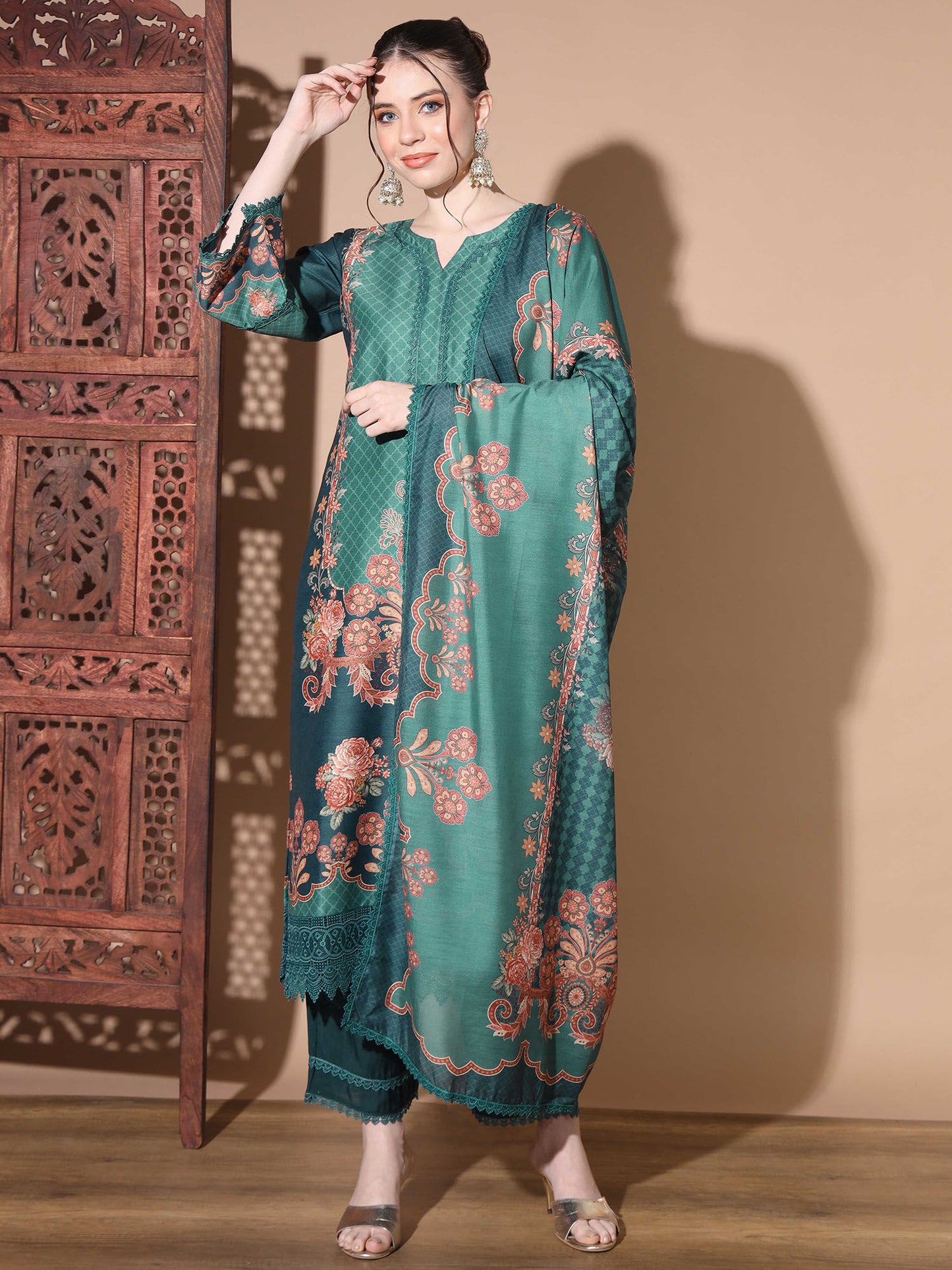 Digital Muslin Aqua Pakistani Style Stitched Kurta Palazzo With Dupatta (Set of 3)