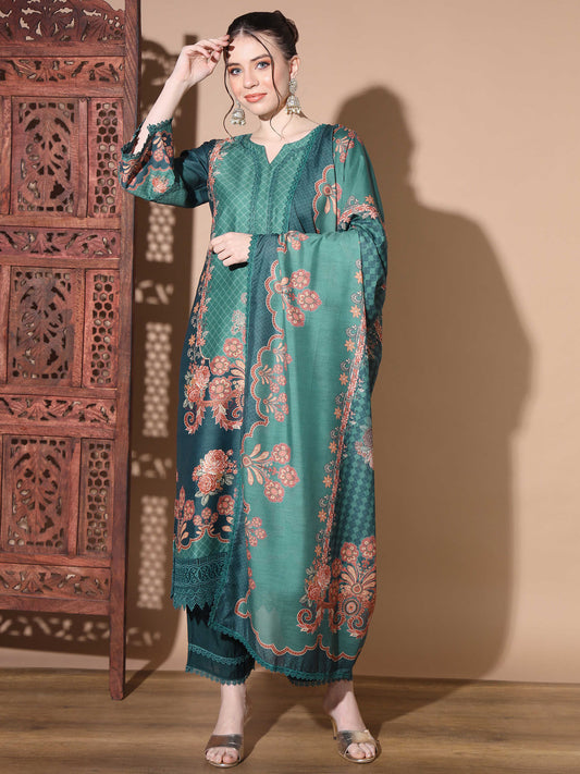Digital Muslin Aqua Pakistani Style Stitched Kurta Palazzo With Dupatta (Set of 3)