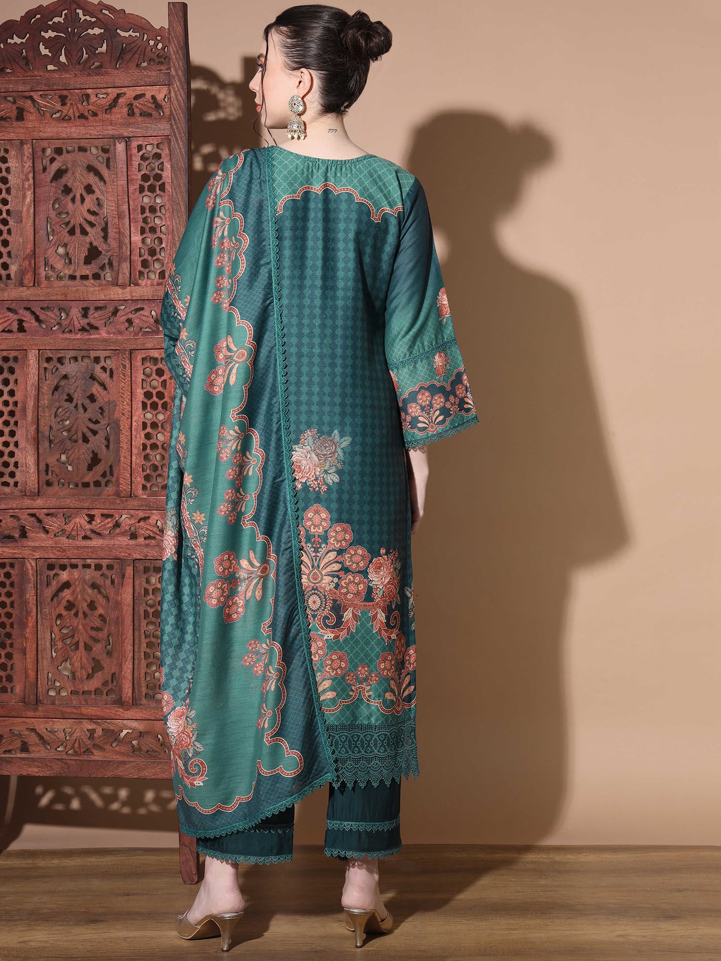Digital Muslin Aqua Pakistani Style Stitched Kurta Palazzo With Dupatta (Set of 3)