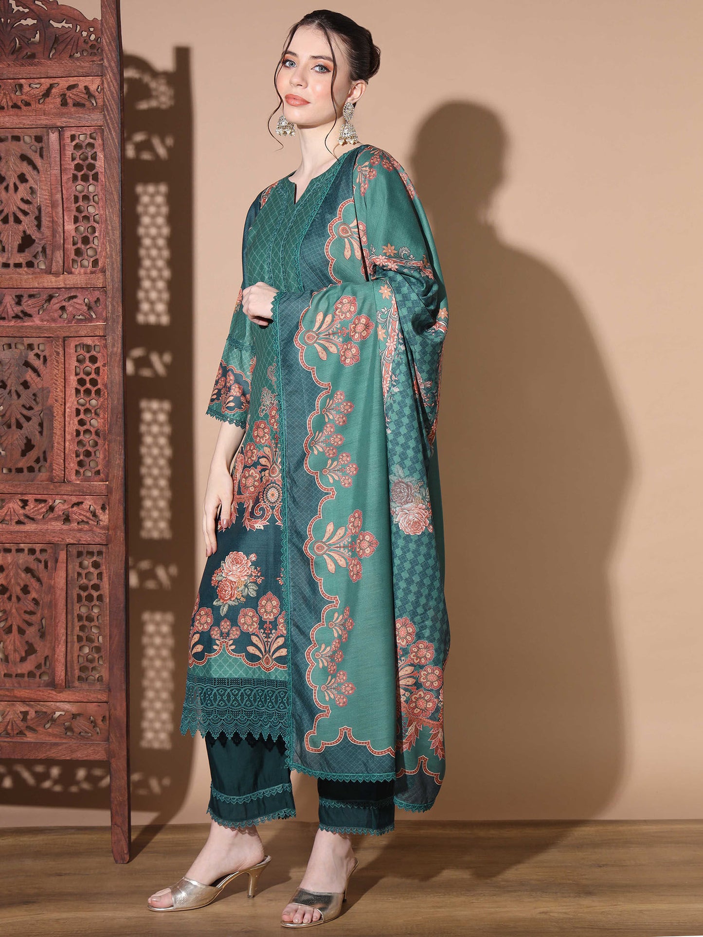 Digital Muslin Aqua Pakistani Style Stitched Kurta Palazzo With Dupatta (Set of 3)