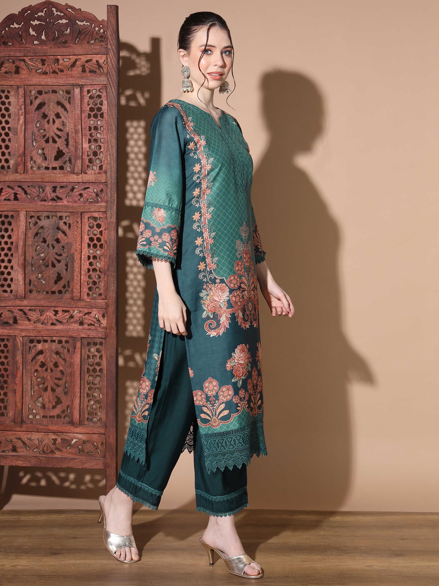Digital Muslin Aqua Pakistani Style Stitched Kurta Palazzo With Dupatta (Set of 3)