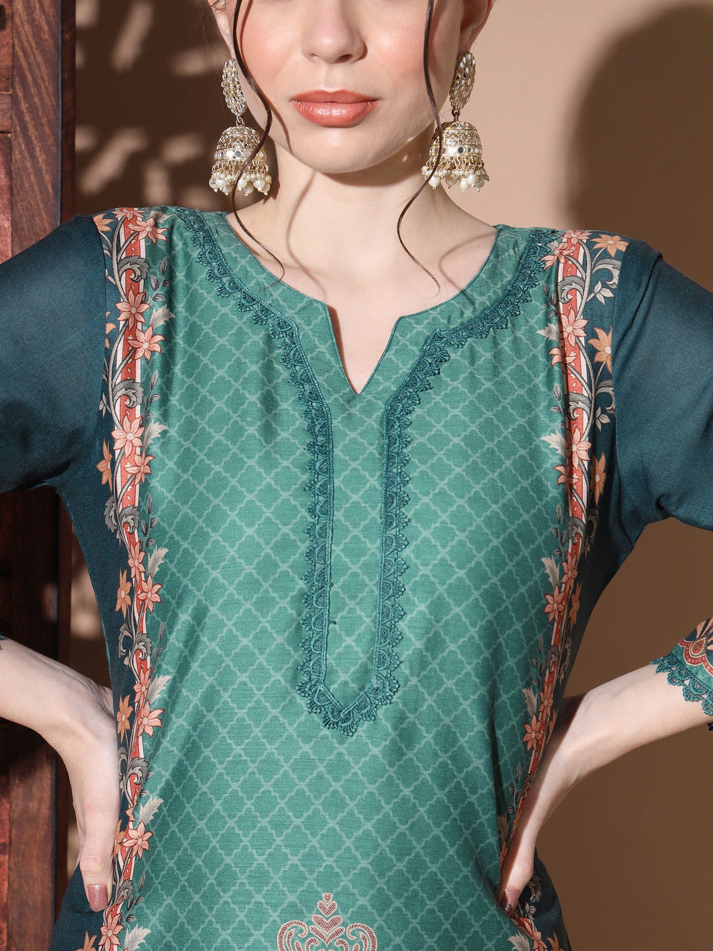 Digital Muslin Aqua Pakistani Style Stitched Kurta Palazzo With Dupatta (Set of 3)