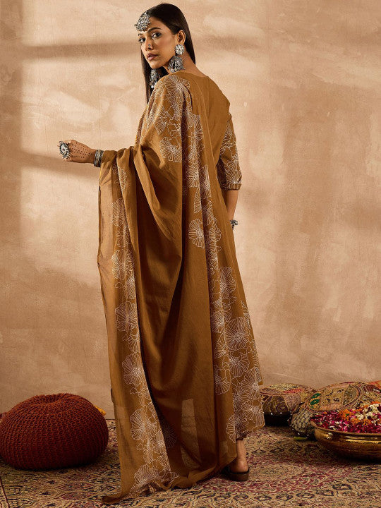 Indo Era Women Floral Embroidered Regular Sequinned Pure Cotton Kurta with Trousers & With Dupatta