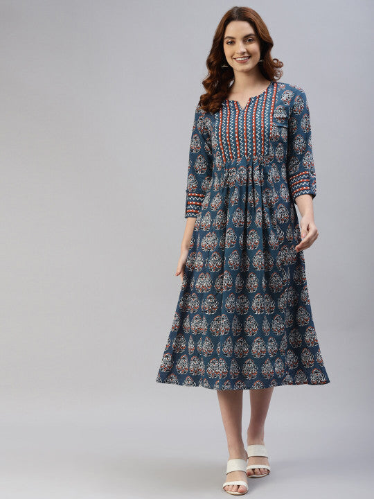 IRIDAA JAIPUR Blue Ethnic Motifs Ethnic A-Line Midi Dress