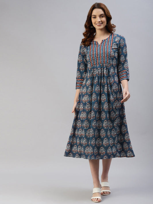 IRIDAA JAIPUR Blue Ethnic Motifs Ethnic A-Line Midi Dress