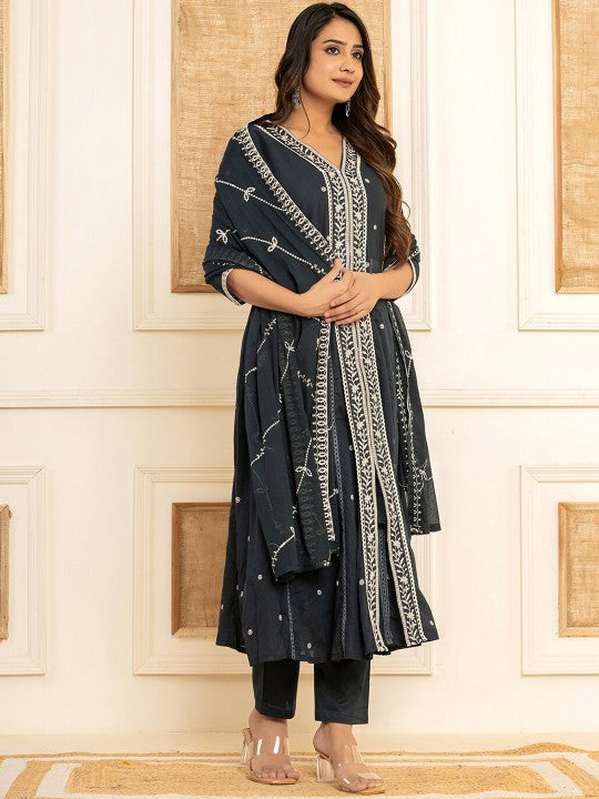 Yufta Alina Cut Embroidered Regular Thread Work Pure Cotton Kurta with Trouser & Dupatta
