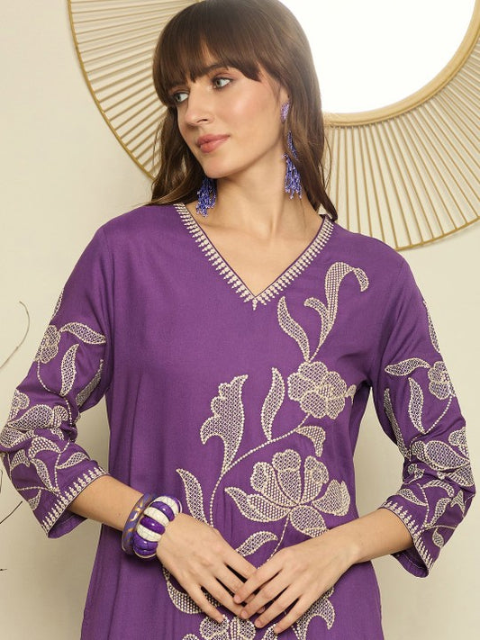 Indo Era Women Embroidered V-Neck Top and Trousers Co-Ords