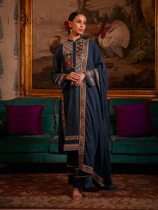 WISHFUL Floral Embroidered Mandarin Collar Kurta with Trousers & Dupatta