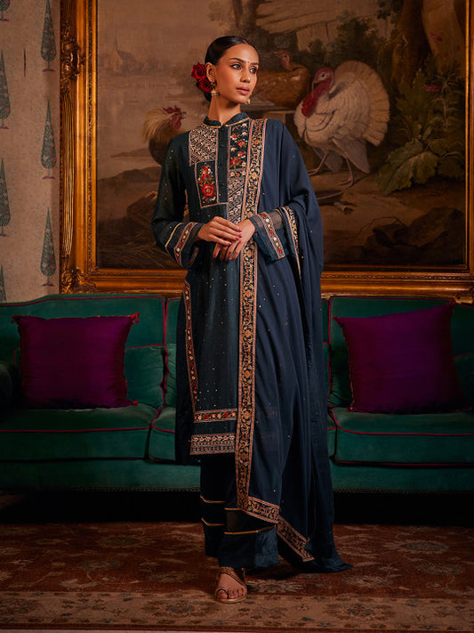 WISHFUL Floral Embroidered Mandarin Collar Kurta with Trousers & Dupatta