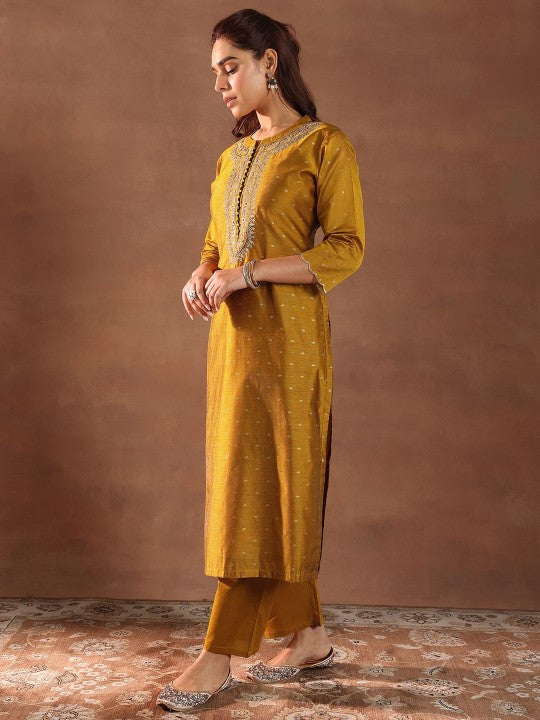 Floral Woven Design Thread Work Chanderi Silk Kurta