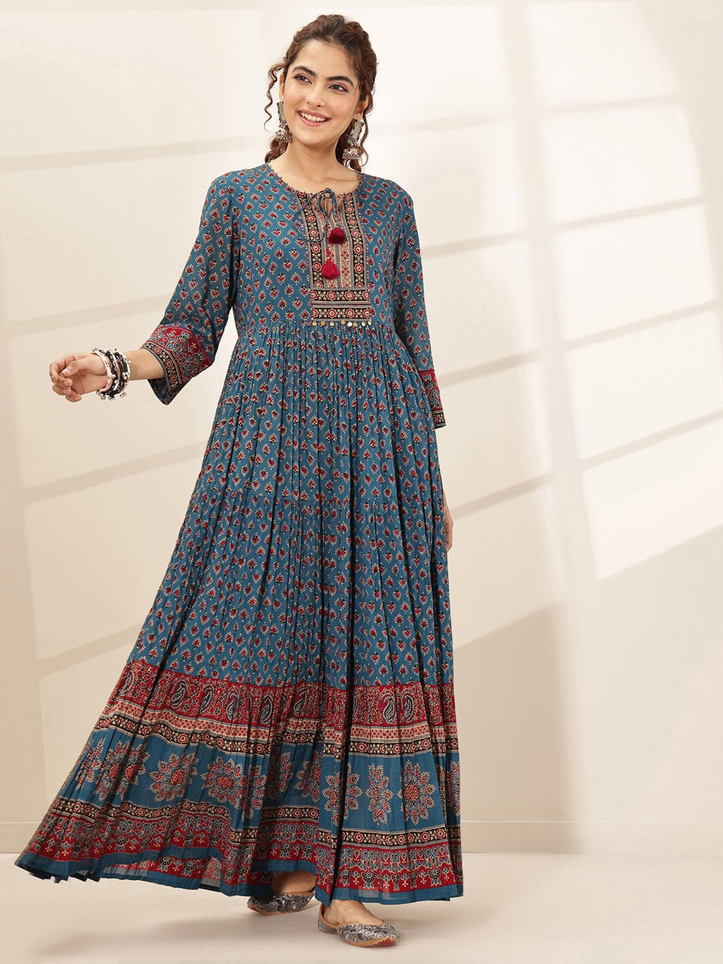 Cotton Blue Printed Fit and Flared Dress for Women