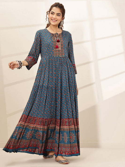 Cotton Blue Printed Fit and Flared Dress for Women