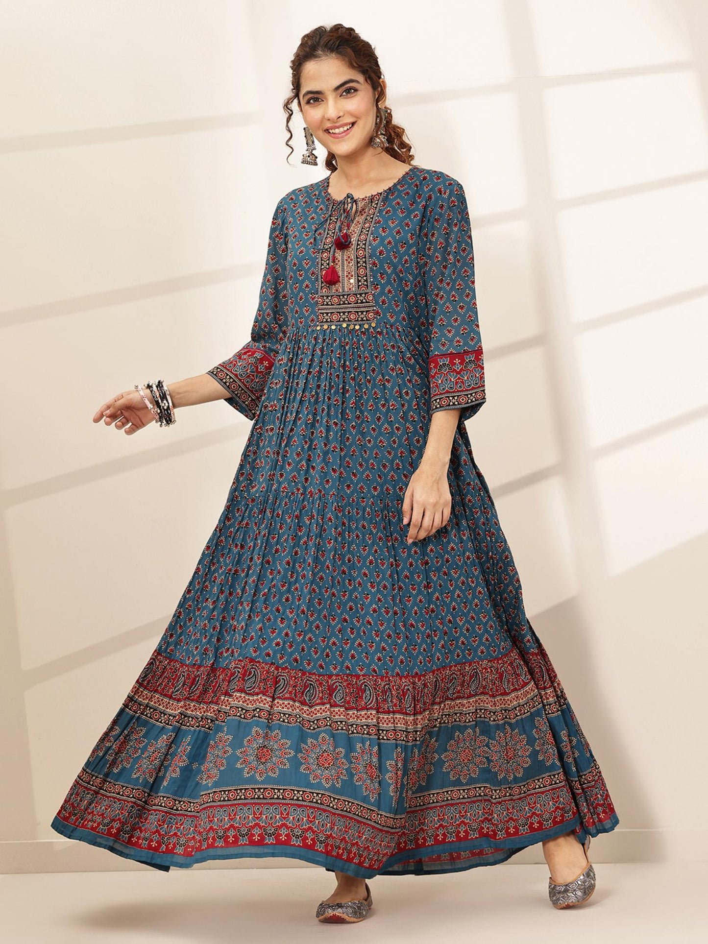 Cotton Blue Printed Fit and Flared Dress for Women