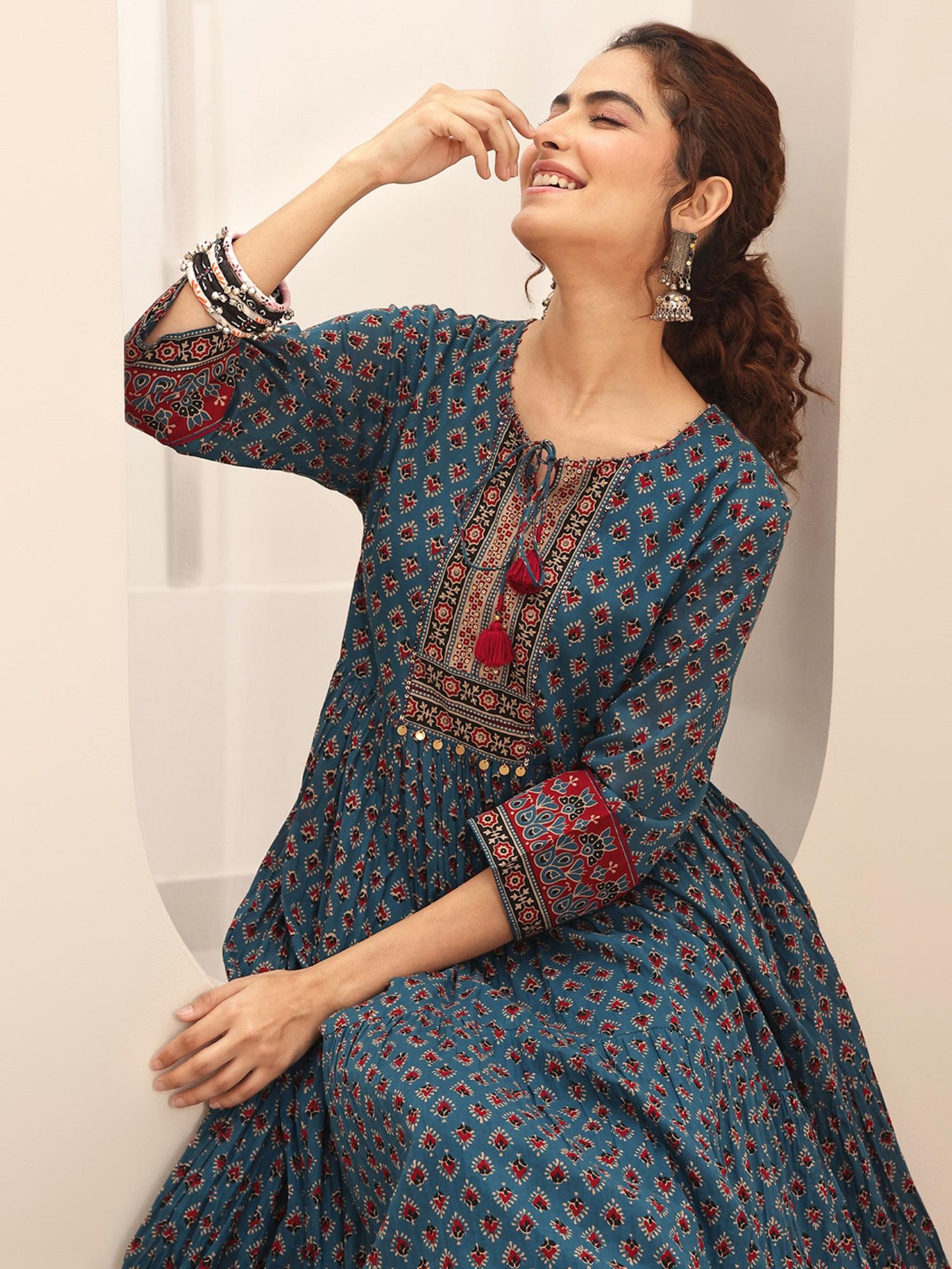 Cotton Blue Printed Fit and Flared Dress for Women