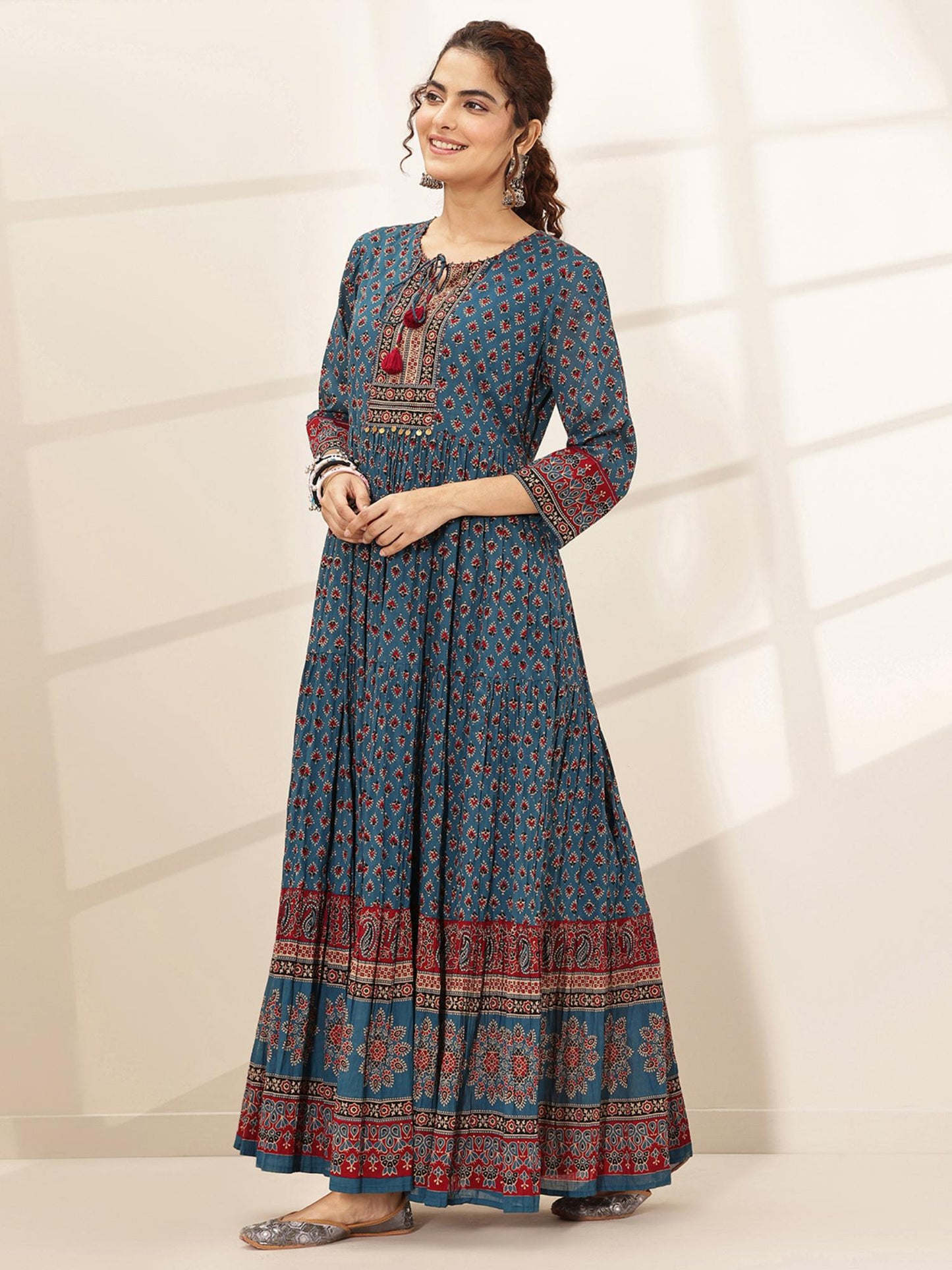 Cotton Blue Printed Fit and Flared Dress for Women